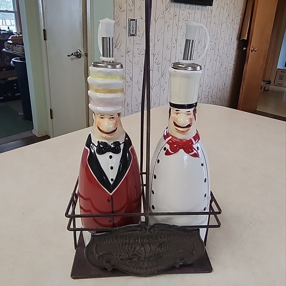 Vintage French Bistro Chef Ceramic Oil and Vinegar Dispenser with Metal Caddy